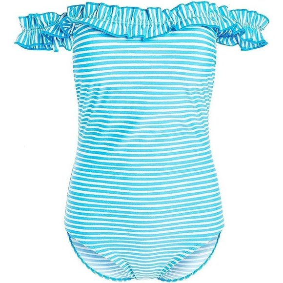 Nicole Miller One Piece Striped On/Off Shoulder Ruffle Swimsuit 3X - Picture 2 of 5